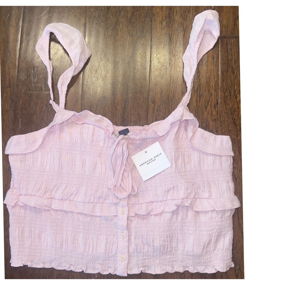American Eagle Smocked Ruffle Crop Top Womens Medium Pink/Purple Boho NWT